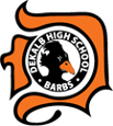 Logo of Dekalb High School. Stylized D with a raven in the center