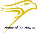 HHS logo. Yellow stylized hawk with "Home of the Hawks"